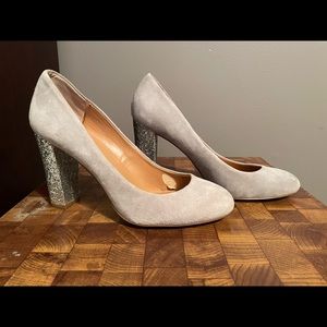 J. Crew light gray suede with silver glitter heel